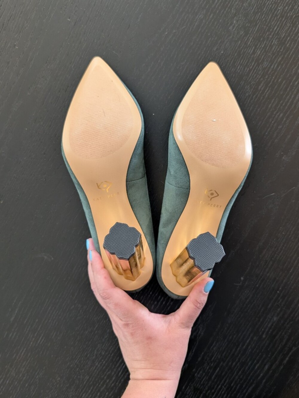 Katy Perry Collections Sage Green Suede Pumps with Gold Cylindrical Heel - Picture 5 of 5